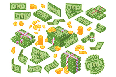 Cartoon money. Dollar bills banknotes stack, pile of dollars and bankn