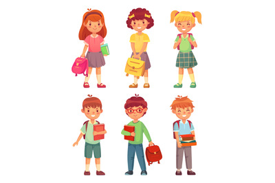 Primary school kids. Cartoon children pupils with backpack and books.