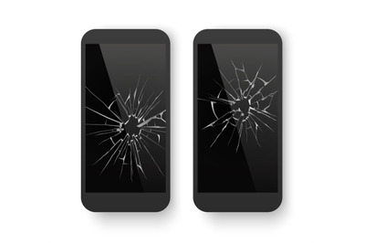 Broken mobile phone. Cracked smartphone screen. Smashed damaged cell p