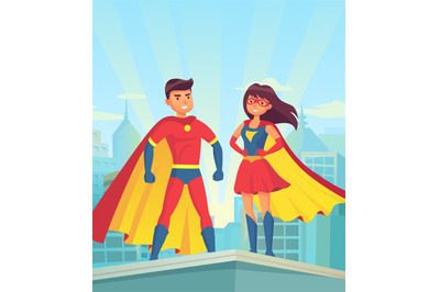 Super heroes. Comic couple superhero, cartoon man and woman in red clo