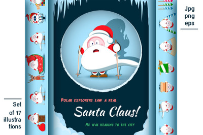 Santa Claus Christmas character set of 17 illustrations