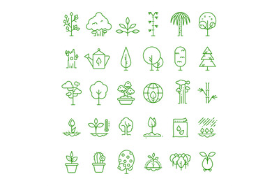 Plant, planting, seed and trees line vector icons. Sprout growing symb