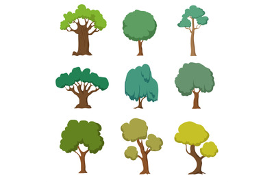 Cartoon green trees. Cute nature forest plant and bushes vector set is