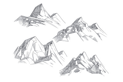 Hand drawing mountain peaks isolated retro etching sketch vector illus