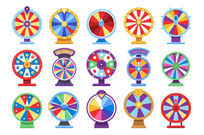 Fortune wheels flat icons set. Spin lucky wheel casino money game symb