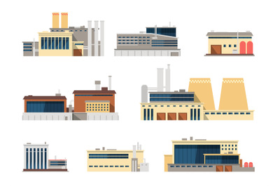 Industrial factory and manufacturing plant exterior flat vector icons