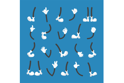 Hands in white gloves and legs in different poses. Cartoon character b