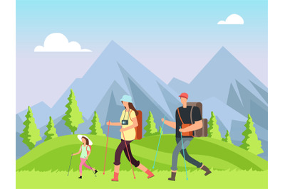 Hiking family in nature. Trekking man, woman and children with outdoor