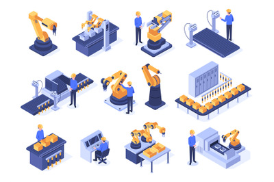 Isometric industrial robots. Assembly line machines, robotic arms with