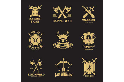 Vintage golden warrior sword and shield labels. Knight vector badges,