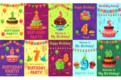 Cartoon anniversary greeting card. Birthday numbers&2C; celebration invit