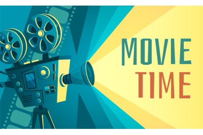 Movie time poster. Vintage cinema film projector, home movie theater a