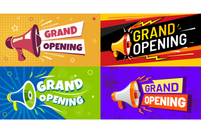 Grand opening banners. Invitation card with megaphone speaker, opened