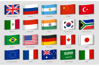 National flags fabric tags. G20 countries labels, official country fla