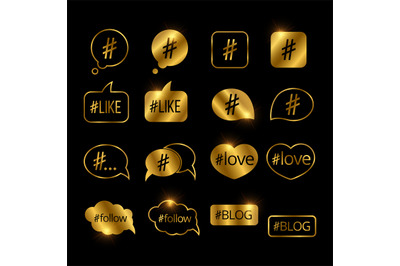 Golden hashtag post social media vector icons