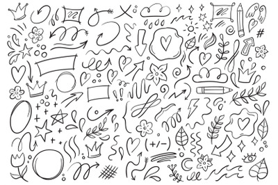 Decorative doodles. Hand drawn pointing arrow, outline shapes and dood