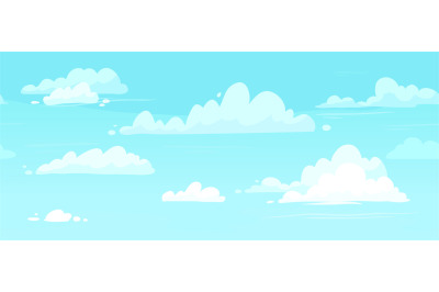 Cartoon cloudy skies. Puffy clouds in blue sky seamless vector backgro