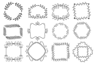 Floral ornament frames. Decorative leaves frame, hand drawn ornamental