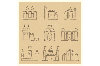 Set of medieval castles line icos