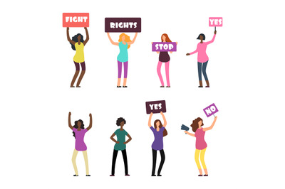 Cartoon women protesters, feminism, womens rights and protest set