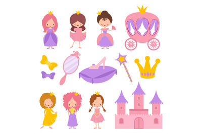 Cute little princess with crown and fairy-tale vector elements