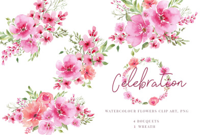 Watercolour clipart, Pink flowers and greenery bouquets