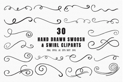 30 Hand Drawn Swoosh &amp; Swirl Cliparts