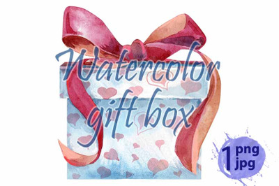 Watercolor painting of gift box with a bow.