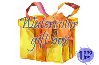 Watercolor painting of gift box with a bow.