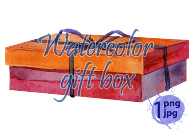 Watercolor painting of gift box with a bow.