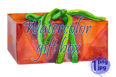 Watercolor painting of gift box with a bow.