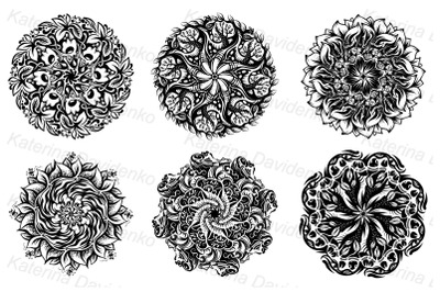 A set of round hand-drawn patterns