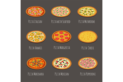 Delicious pizza icons. Pepperoni, margherita and other italian pizzas