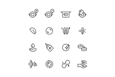 Eye optical lens icons. Human eyesight correction and optometrist outl