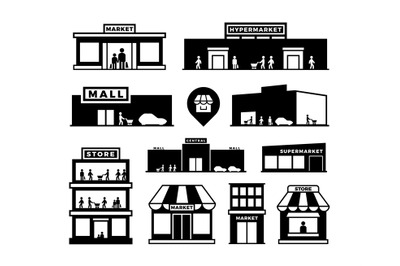 Shopping mall buildings icons. Store exteriors with people pictograms.