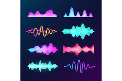 Bright color sound voice waves isolated on dark background. Abstract w