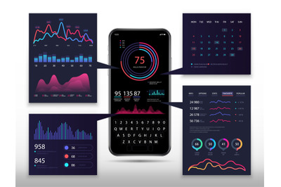 Smartphone app infographic with 3d phone, marketing charts and diagram