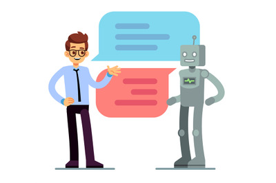 Man chatting and asking for help bot. Chatbot vector concept