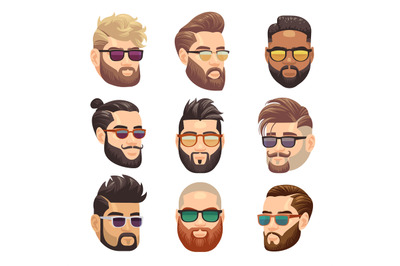 Cartoon bearded hipster man and male hairstyle vector set