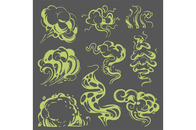 Cartoon bad smell stench green clouds vector set isolated