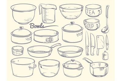 Doodle cooking equipment and kitchen utensils. Hand drawn vector kitch