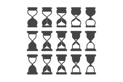 Sand clock or timer silhouette symbols. Retro hourglass, expired black