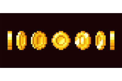 Gold coin animation frames for 16 bit retro video game. Pixel art vect