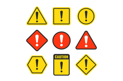 Exclamation mark beware icons. Attention and caution signs. Hazard war