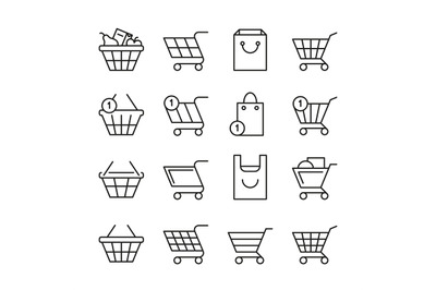 Empty online shopping baskets, market box line web shop vector icons