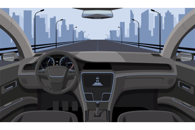 Inside car driver view with rudder, dashboard front panel and highway