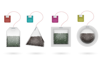 Tea bags with black and green brewing tea isolated vector set