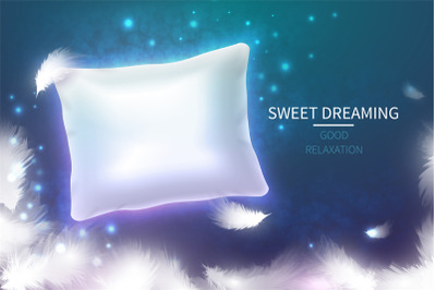 Sweet dreaming concept with 3d realistic white pillow. Soft comfortabl