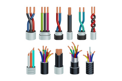 Realistic electric industrial cables, electrical copper wires vector s