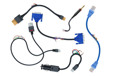 Damaged wires with plugs. Disconnect broken electric cables vector set